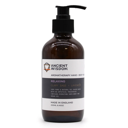 Aromatherapy Clary Sage and Lavender hand and body wash by The Bliss Co in a 250ml pump bottle, with a calming lavender and herbal scent.