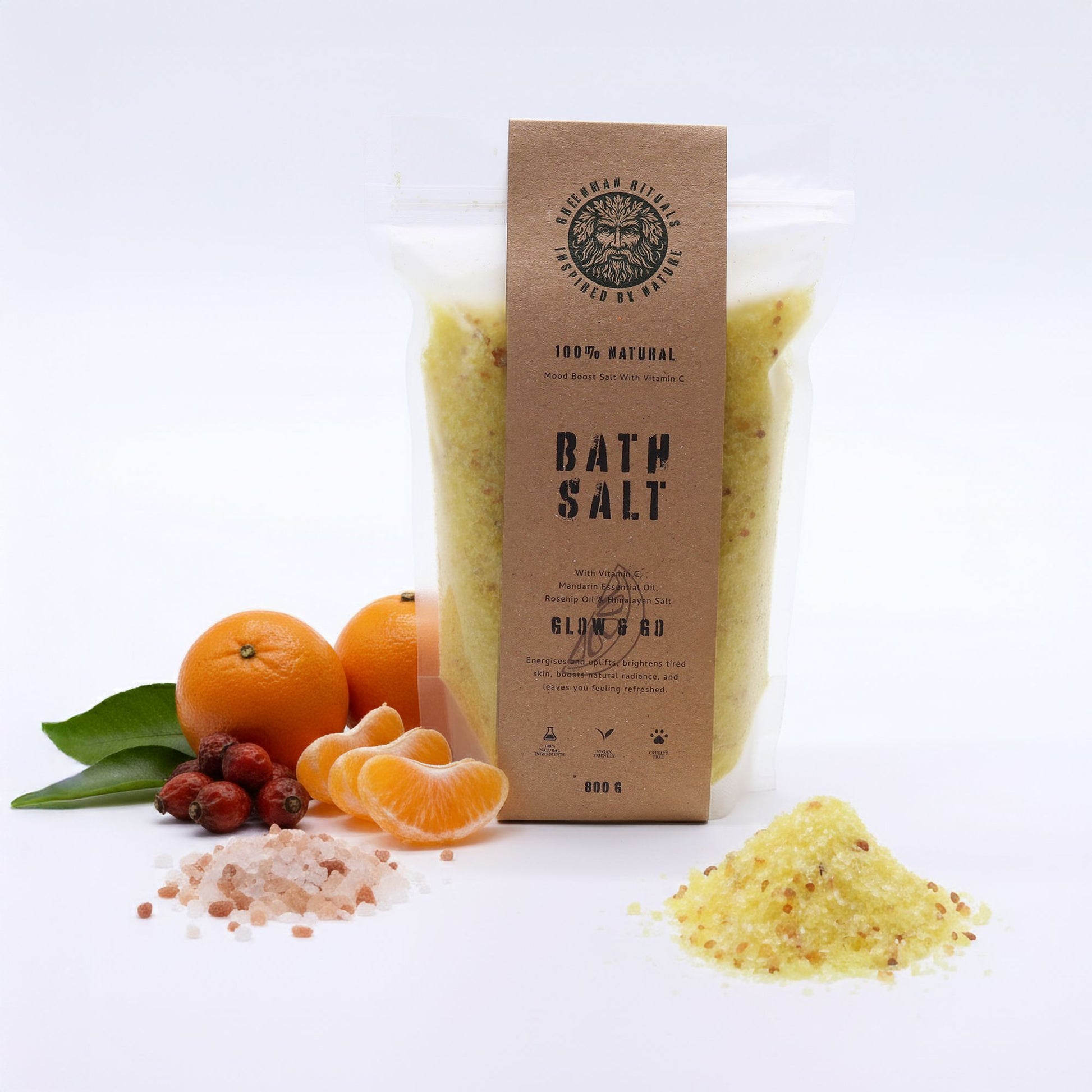 Greenman Rituals Vitamin C & Mandarin Epsom Bath Salts by The Bliss Co, soothing bath salts with citrus fragrance and relaxing mineral benefits.