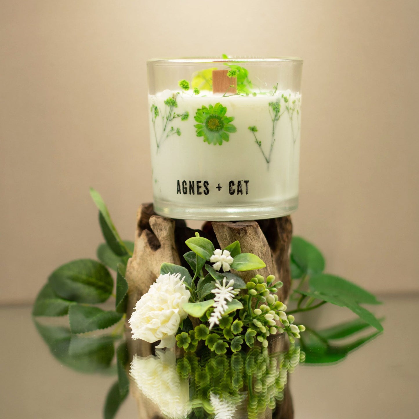 Agnes + Cat Botanical Soy Wax Candle in Fellberry scent with a rustic jar and botanical label from The Bliss Co.