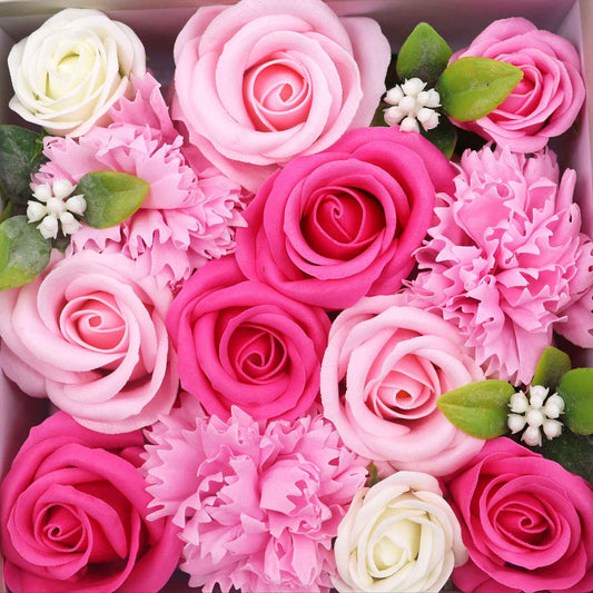Square Baby Blessings soap flower gift box in pink by The Bliss Co, featuring a decorative arrangement of soap flowers in a charming box.