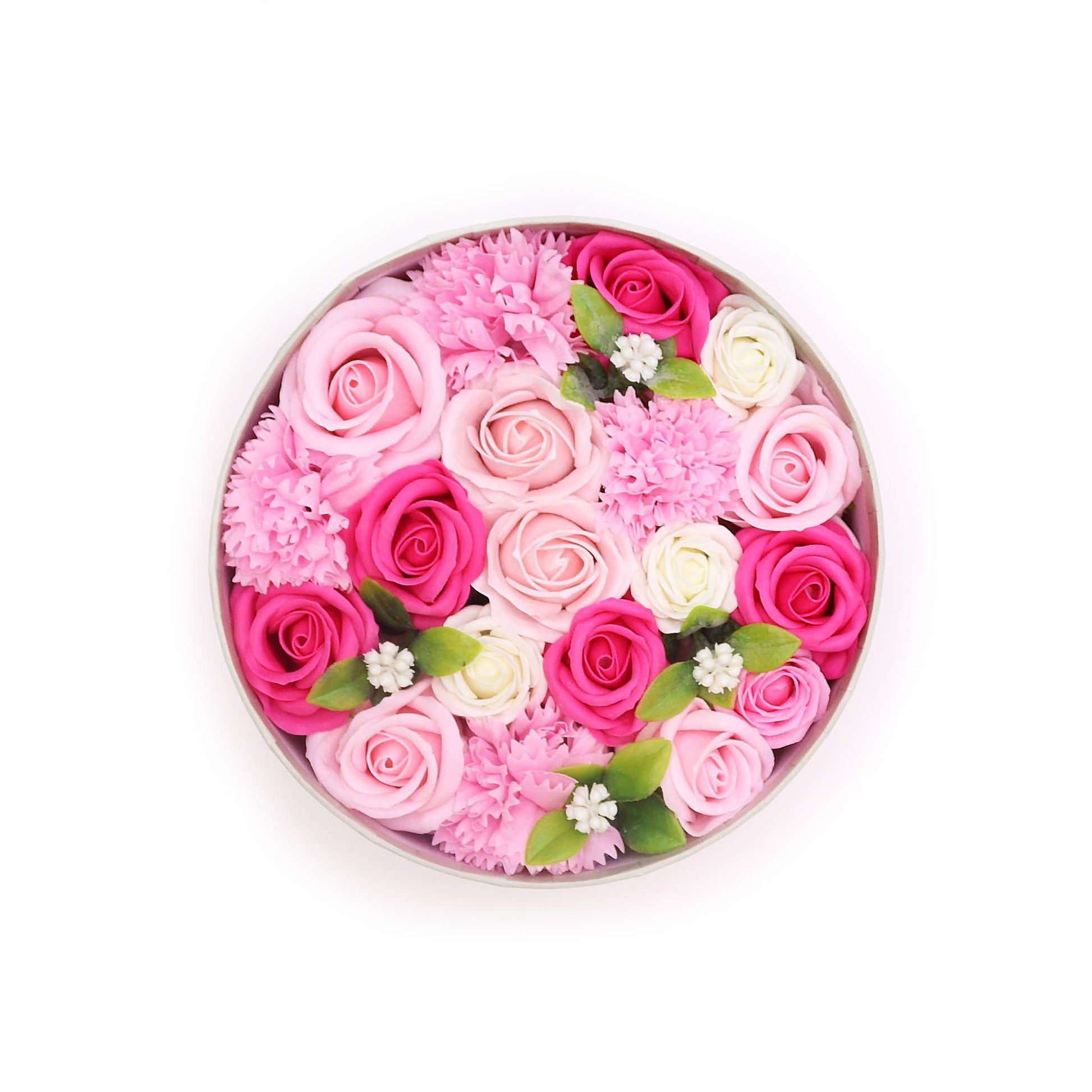 Round box of Baby Blessings pink soap flower gift box by The Bliss Co, featuring decorative pink soap flowers in a elegant packaging