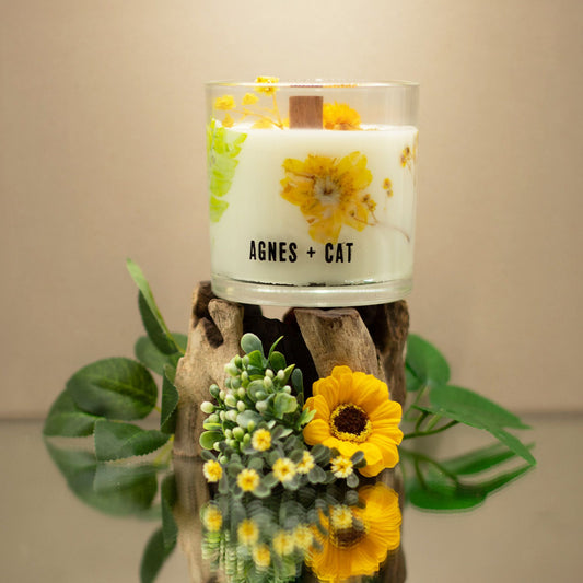 Agnes + Cat Botanical Soy Wax Candle by The Bliss Co featuring Rydal Oudh scent in a stylish container.