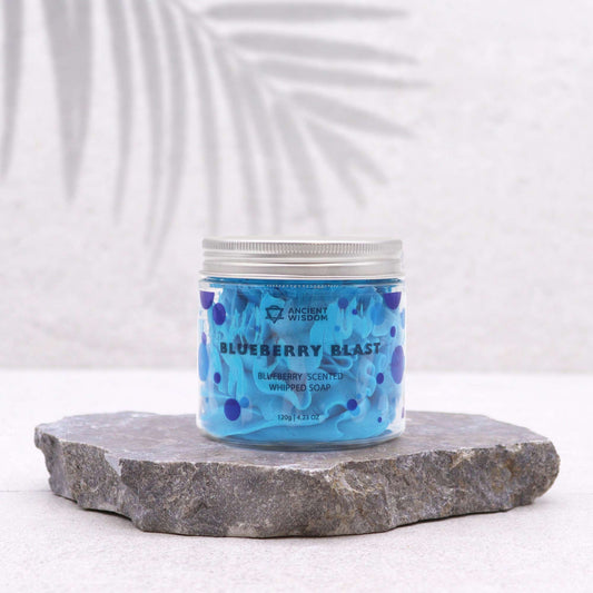 Blueberry whipped soap by The Bliss Co in a 120g container, showcasing creamy, fluffy texture and fresh blueberry scent.