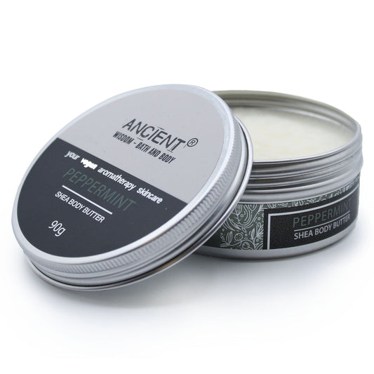 Aromatherapy Shea Body Butter 90g by The Bliss Co with peppermint scent, showing a creamy white body butter in a jar.