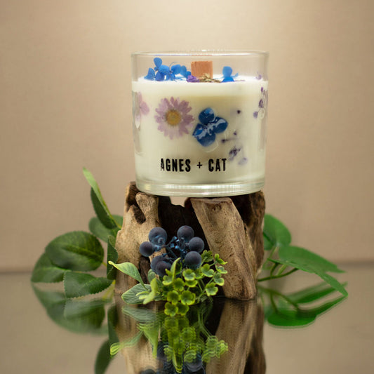 Agnes + Cat Botanical Soy Wax Candle in Moorland scent by The Bliss Co, with a natural botanical design and soft glow.