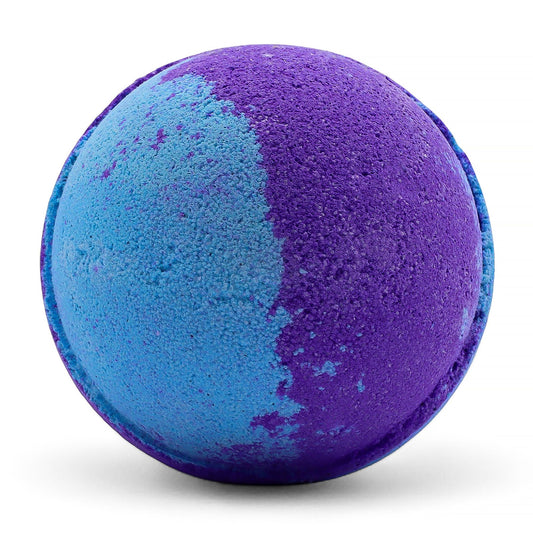 Jumbo Amethyst Creed Bath Bomb by The Bliss Co, 180g, showing a vibrant purple and blue spherical bath bomb ready for a relaxing bath.