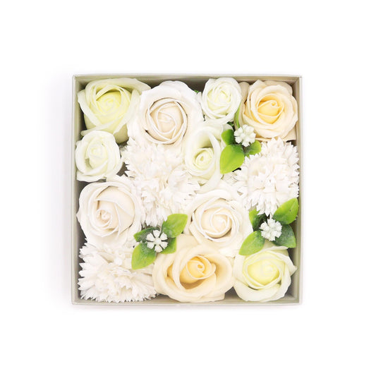 White and ivory soap flower gift box with square shape, featuring wedding blessings, from The Bliss Co's wedding soap flower collection.