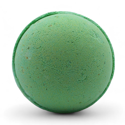 Set of 3 jumbo peppermint and tea tree bath bombs by The Bliss Co, 180g each, showing colorful round bath bombs in a spa setting.