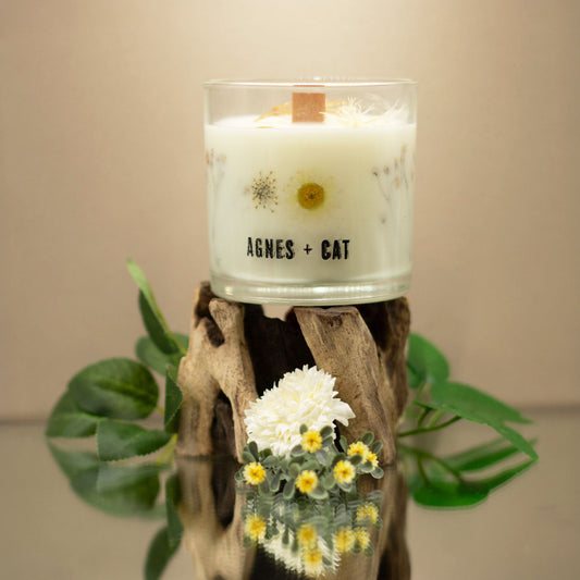 Agnes + Cat Botanical Soy Wax Candle from The Bliss Co with Windermere scent, featuring a stylish glass jar and natural botanical design