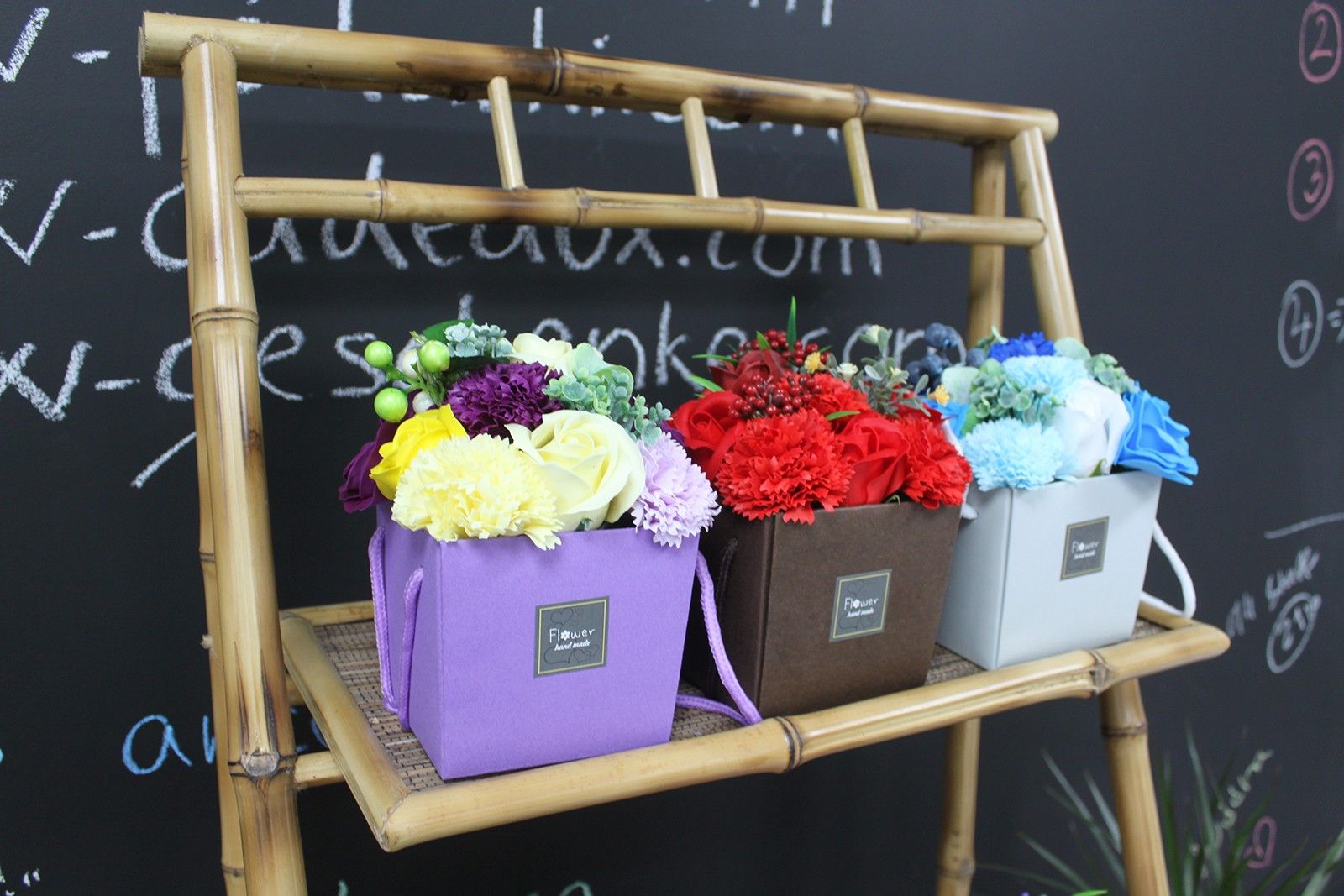 Luxury soap flower bouquet featuring spring flowers by The Bliss Co, arranged in a vibrant, decorative display.