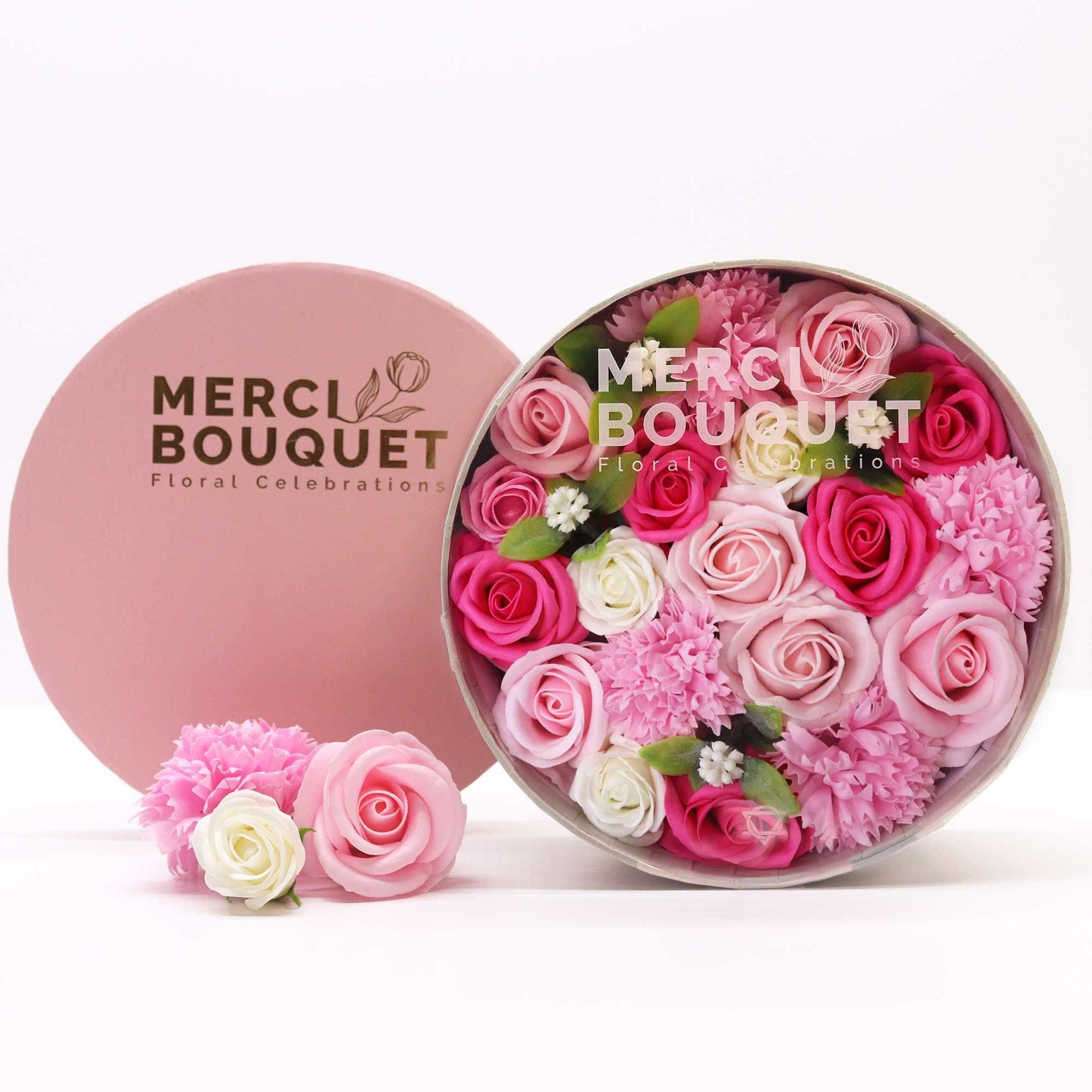 Round soap flower gift box with pink baby blessings design by The Bliss Co, featuring decorative pink soap flowers in a elegant gift box.