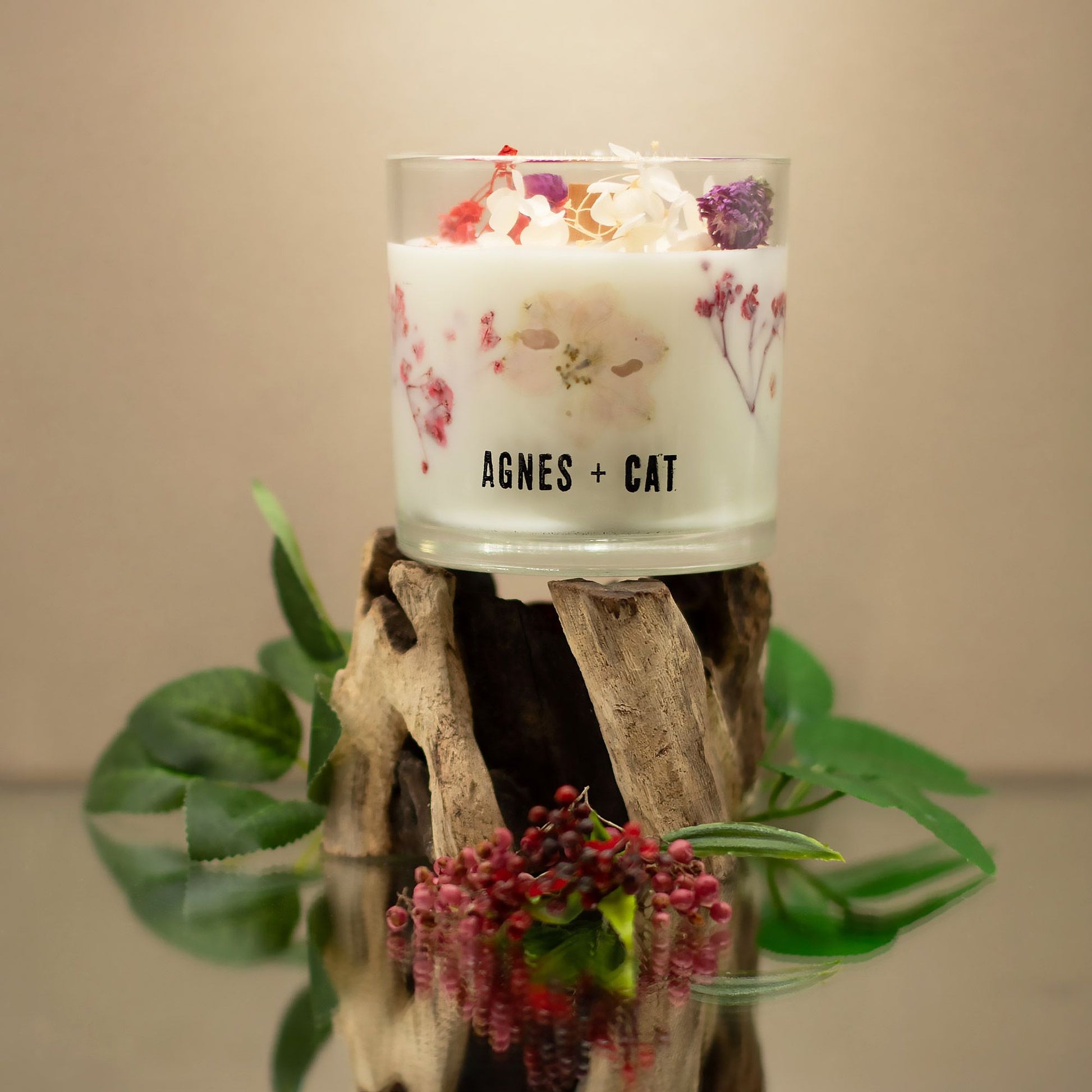 Agnes + Cat Botanical Soy Wax Candle with roses of Sawrey, natural floral scent, in a clear glass jar, from The Bliss Co.