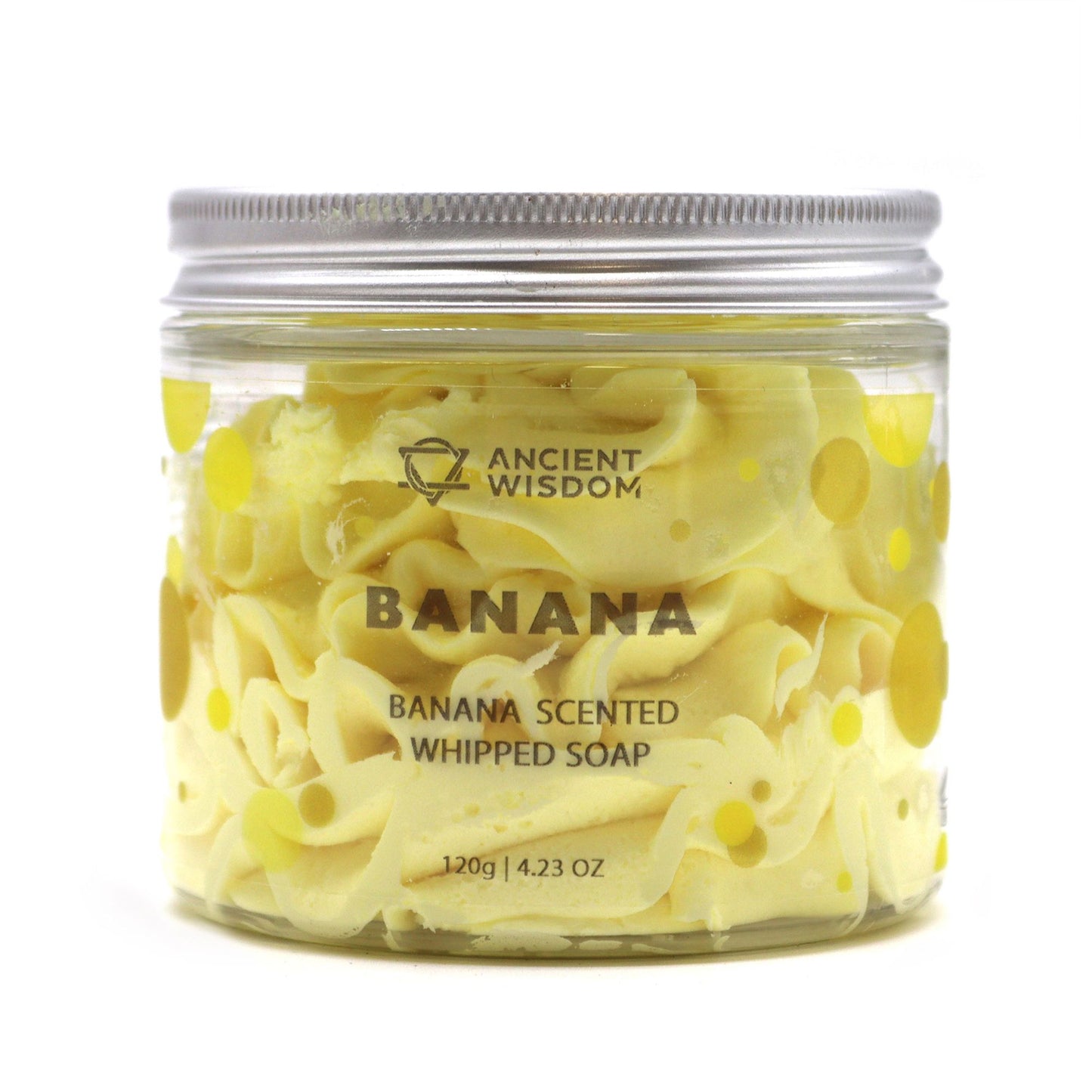 Banana whipped soap in a 120g jar by AW Dropship UK, showing creamy, fluffy texture and fresh banana scent.