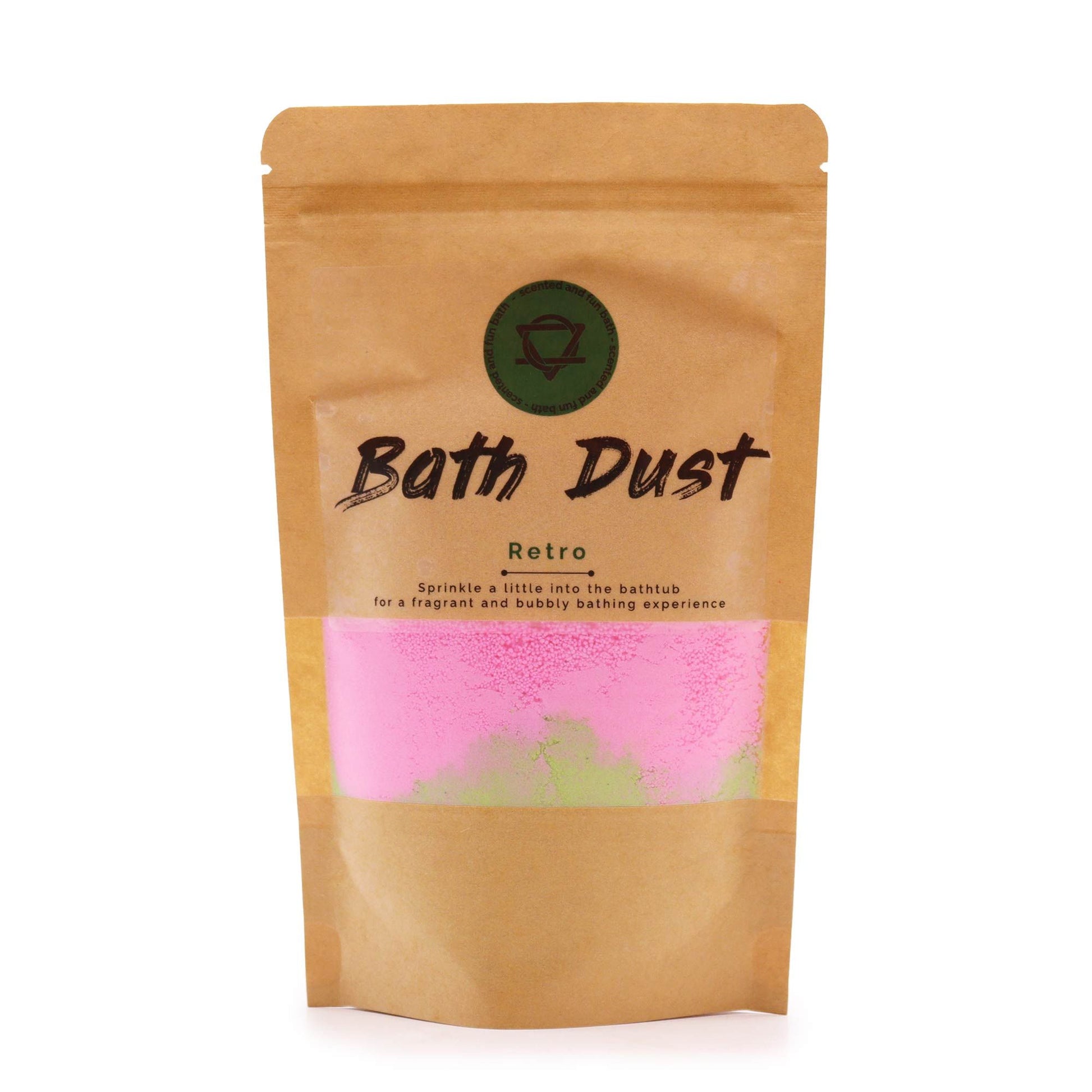 The Bliss Co Retro Bath Dust 190g in a jar, featuring colorful packaging and bath dust product with vintage-inspired design.