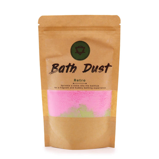 The Bliss Co Retro Bath Dust 190g in a jar, featuring colorful packaging and bath dust product with vintage-inspired design.