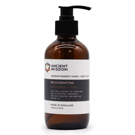 Aromatherapy Sandalwood and Rose hand and body wash in a 250ml bottle, featuring a clear bottle with a white pump dispenser.