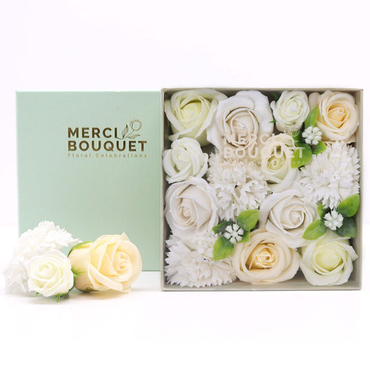 Square White and Ivory Soap Flower Gift Box for weddings by The Bliss Co, featuring elegant floral arrangements in a stylish box.