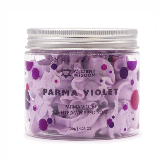 Parma Violet whipped soap by AW Dropship UK in 120g jar, creamy lavender-scented cleansing foam with a smooth, fluffy texture.