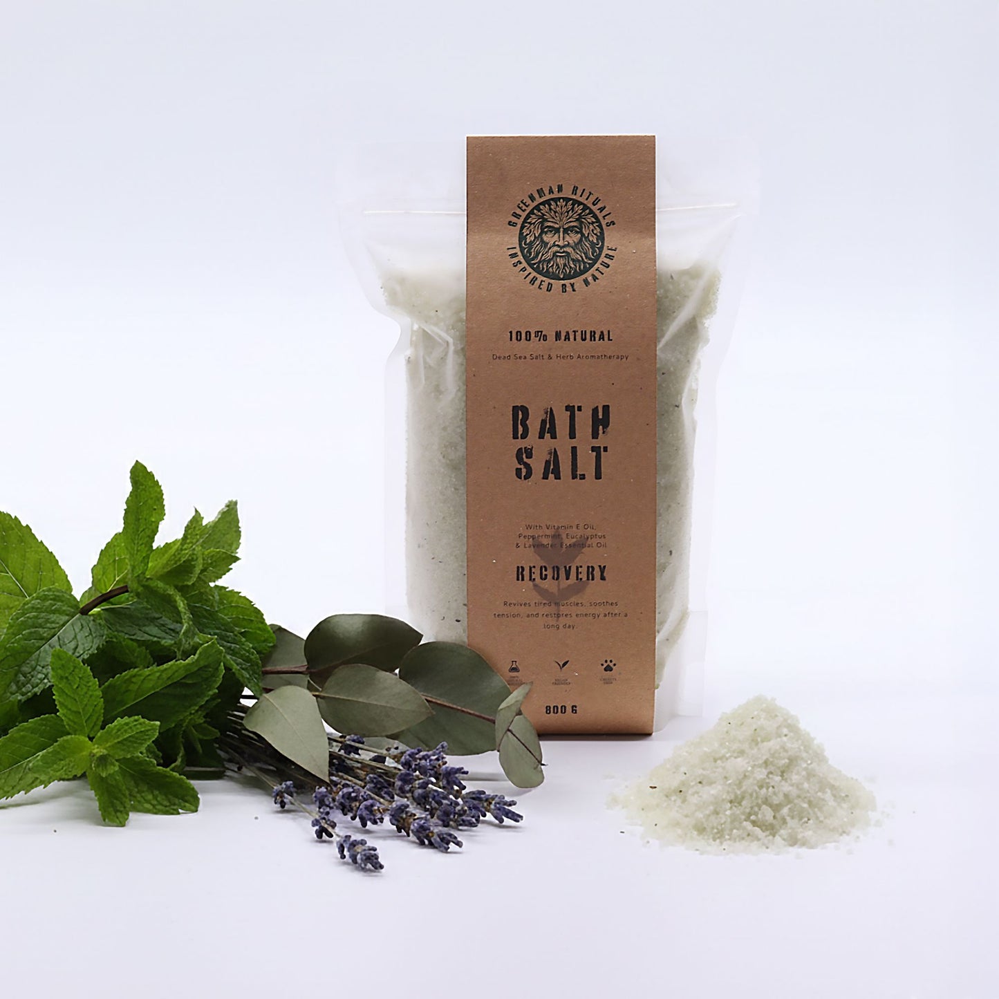 Greenman Rituals Menthol Aromatherapy Epsom Bath Salt for recovery by The Bliss Co, featuring green and white packaging.