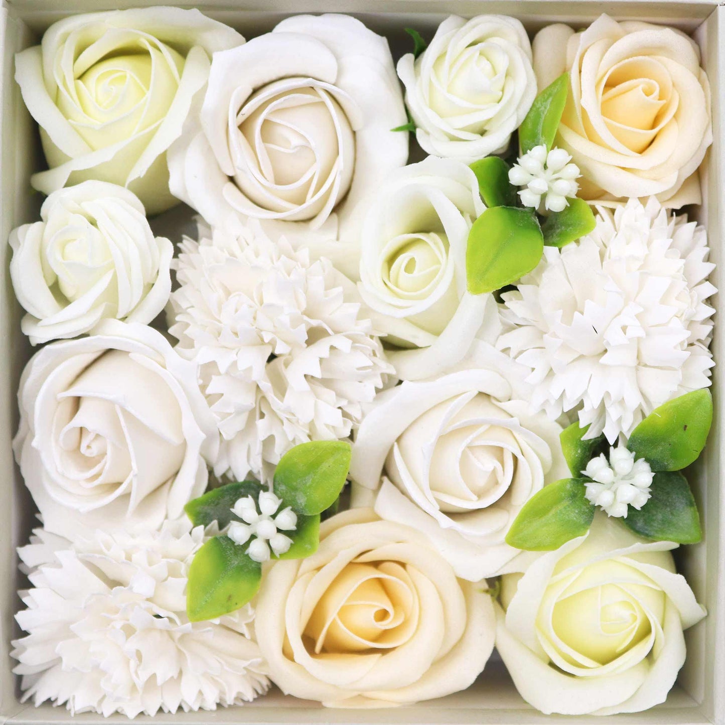 Square wedding blessings soap flower gift box by The Bliss Co in white and ivory, featuring elegant decorative soap flowers.