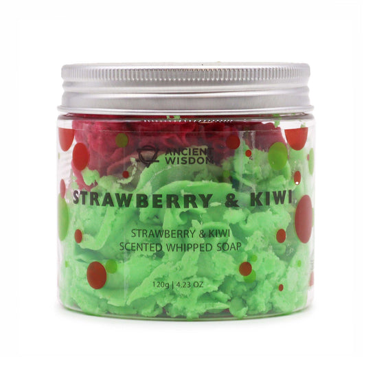 Whipped soap from The Bliss Co with strawberry and kiwi scent in a 120g container, creamy and fluffy texture shown in the image.