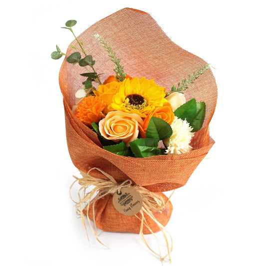 Standing soap flower bouquet in vibrant orange by The Bliss Co, showcasing a decorative arrangement of soap flowers.