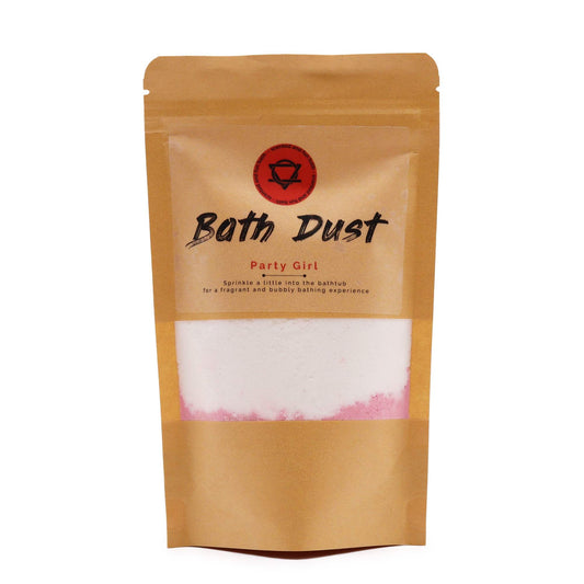 Party Girl Bath Dust by The Bliss Co in a 190g jar, showcasing colorful bath dust for a luxurious bath experience.