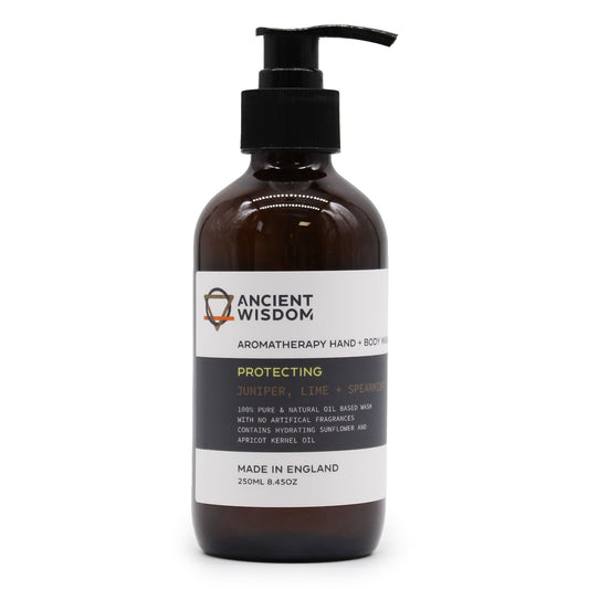 Aromatherapy hand and body wash bottle labeled Juniper, Lime & Spearmint by The Bliss Co, with fresh green and white design elements.