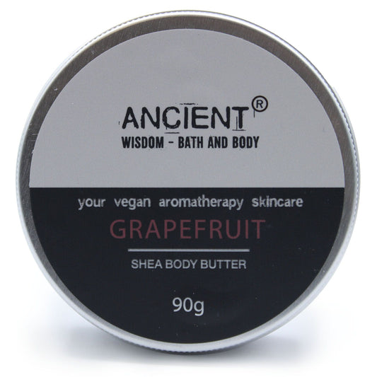 Aromatherapy Shea Body Butter by The Bliss Co in 90g jar with grapefruit scent, creamy texture, and natural ingredients.