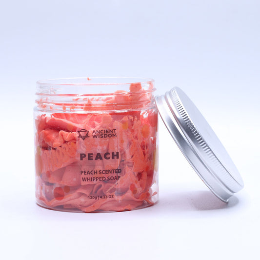 Peach whipped soap by The Bliss Co in a 120g jar, featuring a smooth, fluffy texture and fresh peach scent.