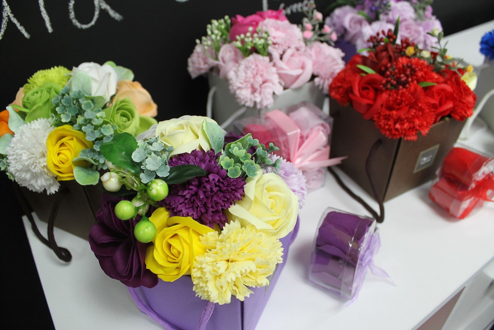 Luxury soap flower bouquet featuring spring flowers by The Bliss Co, arranged beautifully with vibrant, handcrafted soap blooms.