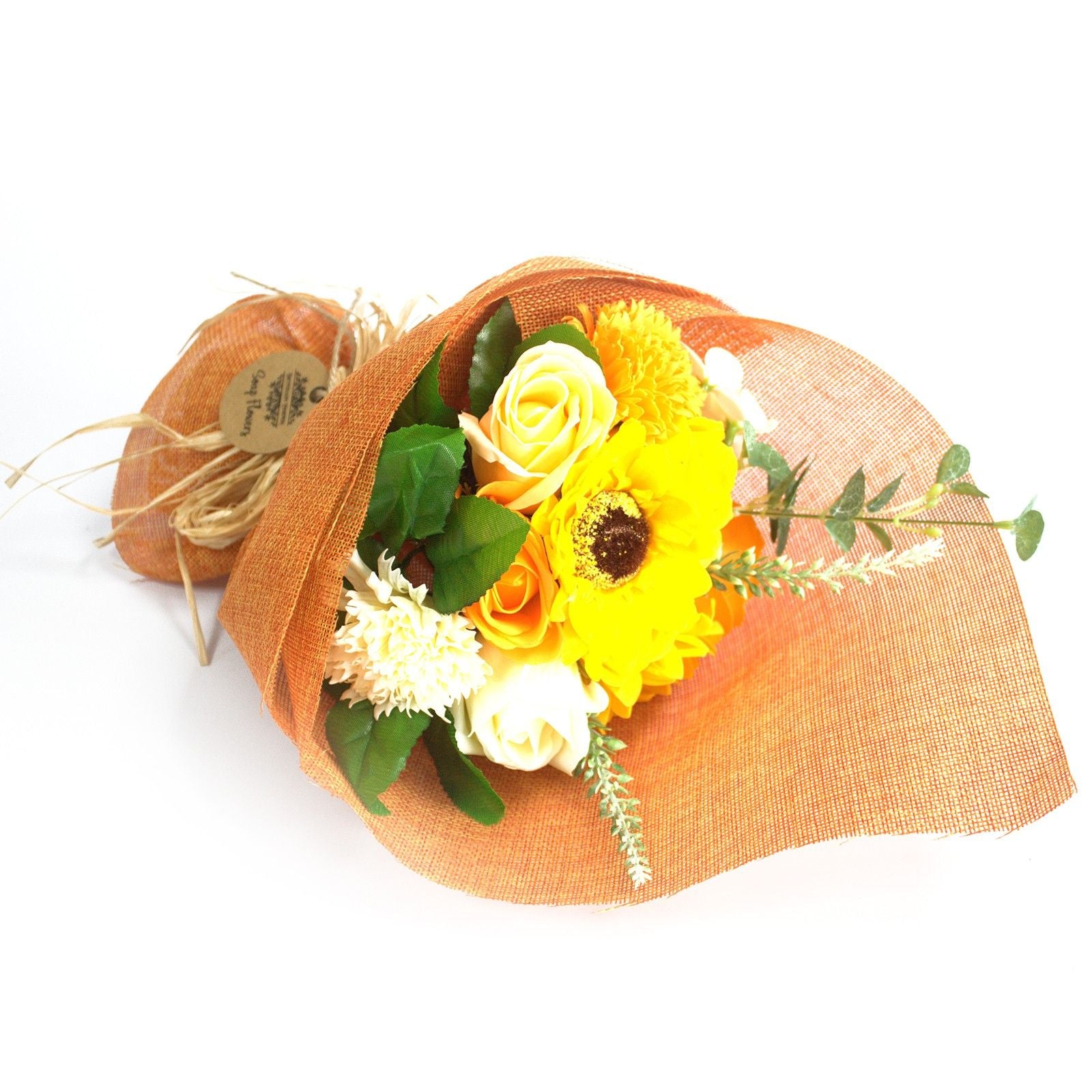Standing soap flower bouquet in orange by The Bliss Co, featuring a vibrant floral display made of decorative soap flowers.