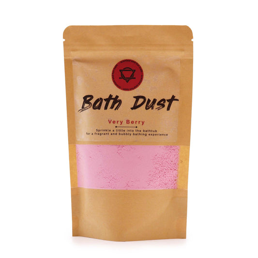 The Bliss Co Very Berry Bath Dust in a 190g jar, showing the colorful, textured bath dust for a relaxing bath experience.
