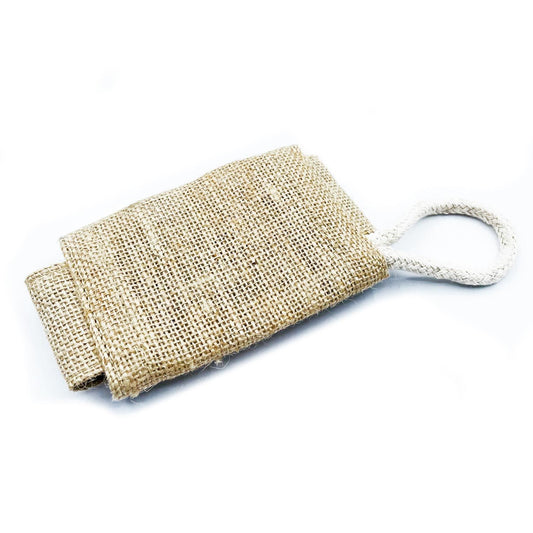 Greenman Handmade Soaps Jute Scrub Soap Pouch, natural green jute material for exfoliating and storing soap.