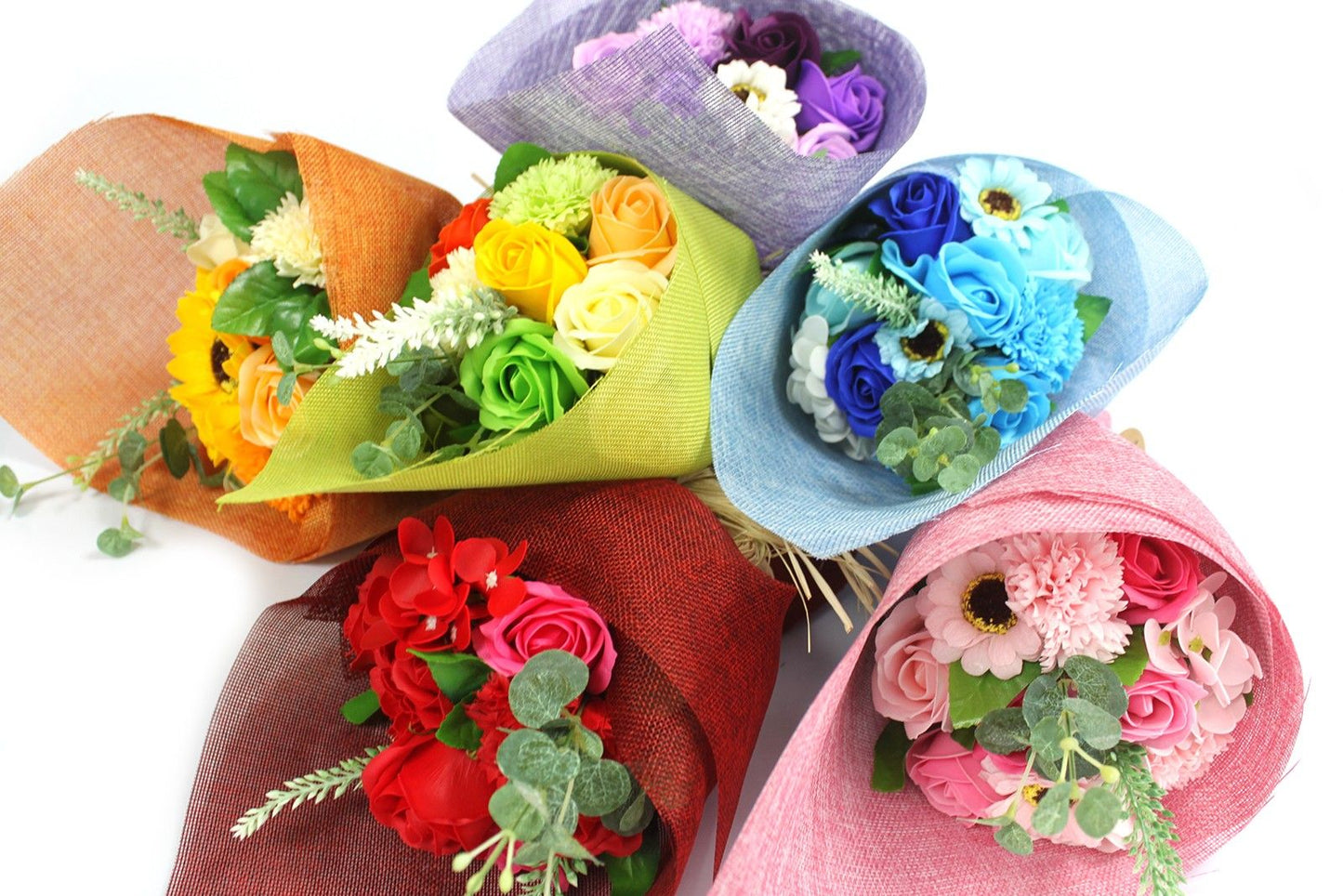 Orange soap flower bouquet by The Bliss Co featuring vibrant, handcrafted soap flowers arranged in a standing floral display.