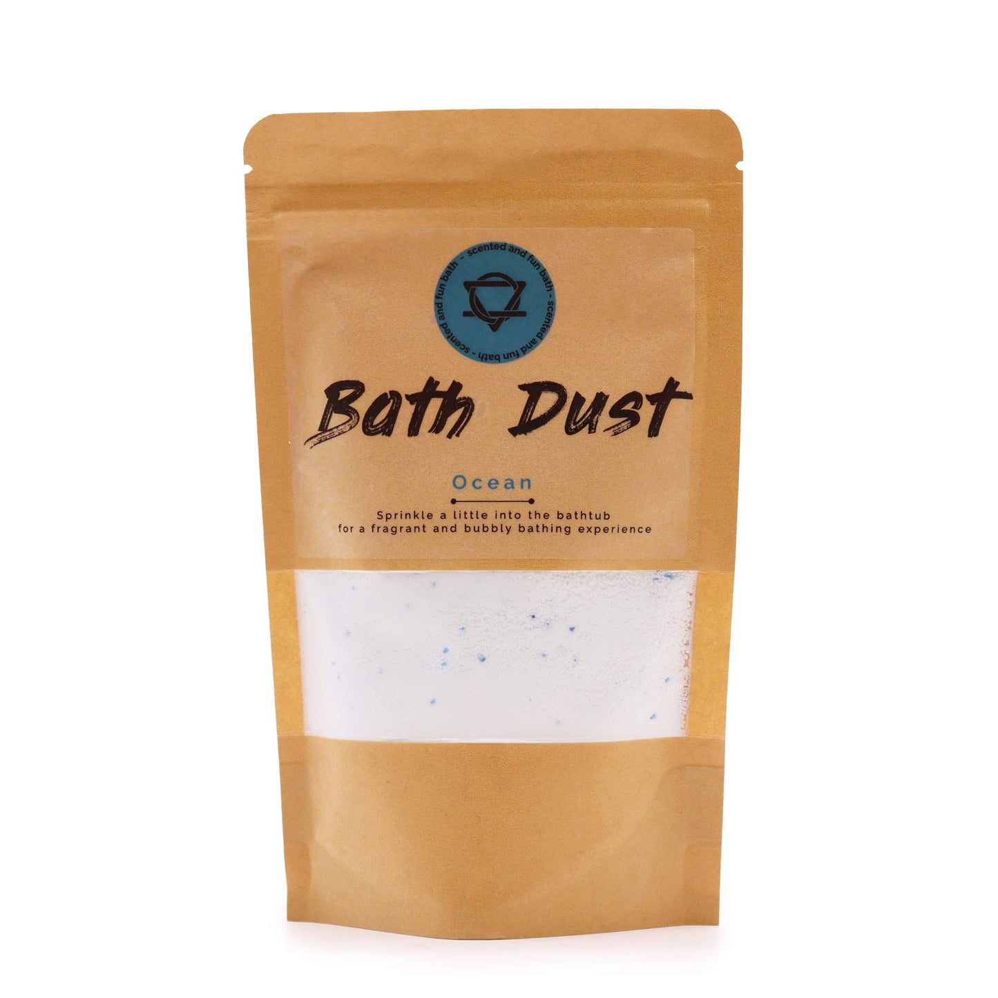 Ocean Bath Dust from The Bliss Co in a 190g jar, featuring a natural bath dust with ocean-inspired ingredients and packaging.