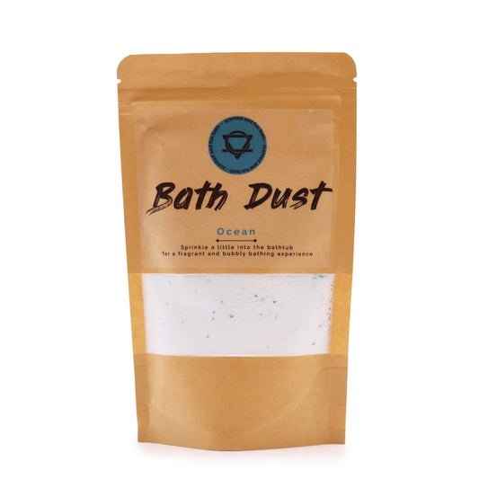 Ocean Bath Dust from The Bliss Co in a 190g jar, featuring a natural bath dust with ocean-inspired ingredients and packaging.