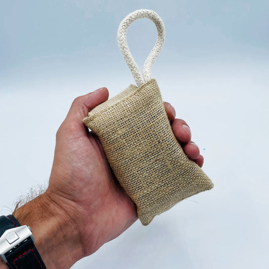 Greenman Handmade Soaps Jute Scrub Soap Pouch from The Bliss Co, natural green jute fabric for exfoliating soap storage.