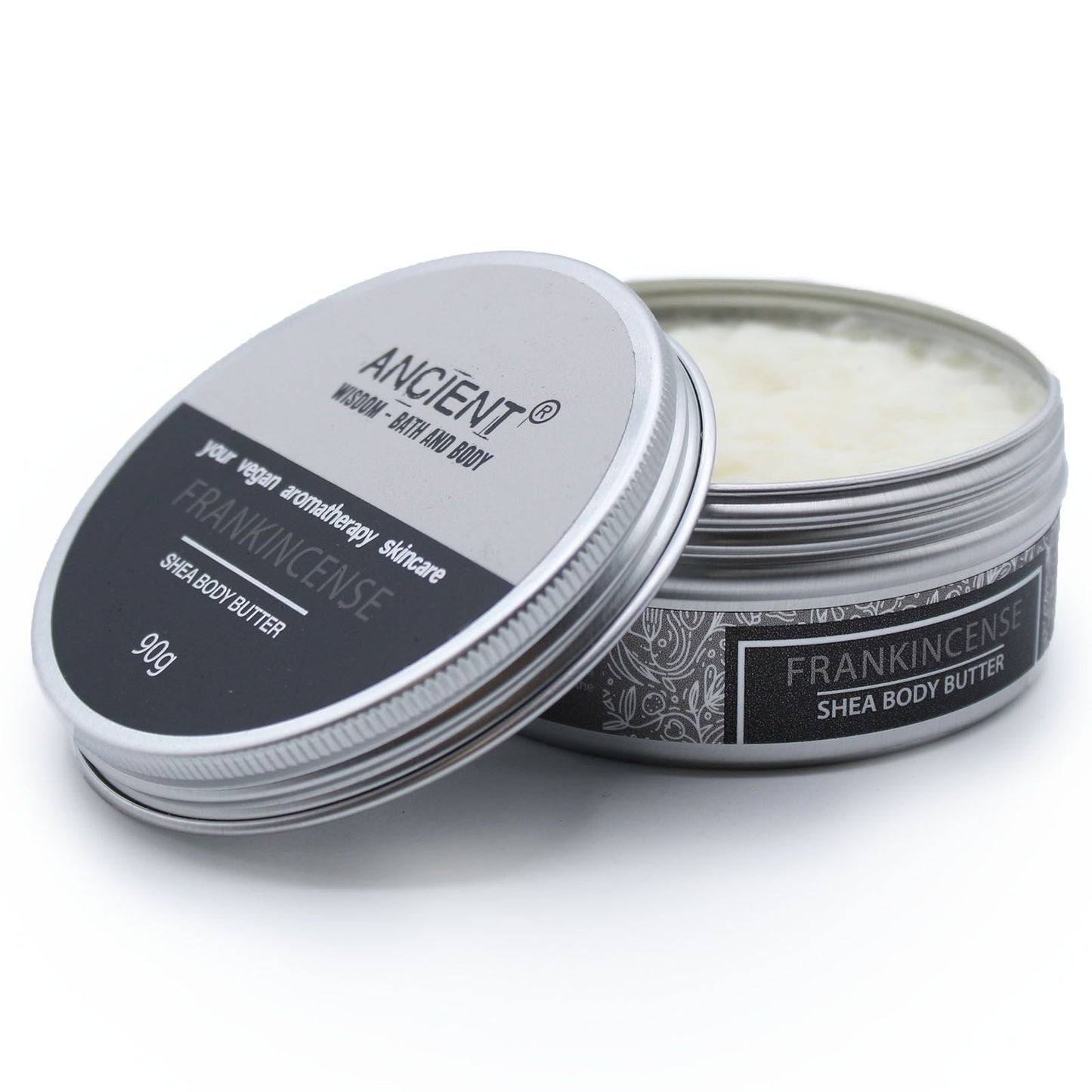 Aromatherapy Shea Body Butter 90g by The Bliss Co with frankincense, showing a smooth, creamy body butter in a jar.