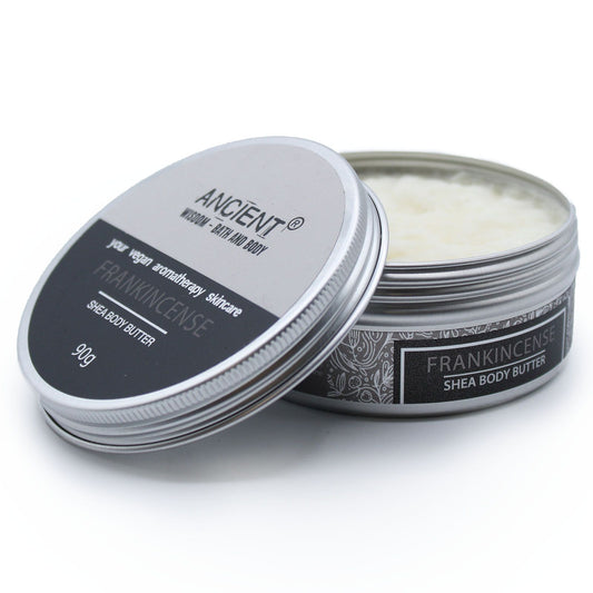 Aromatherapy Shea Body Butter 90g by The Bliss Co with frankincense, showing a smooth, creamy body butter in a jar.