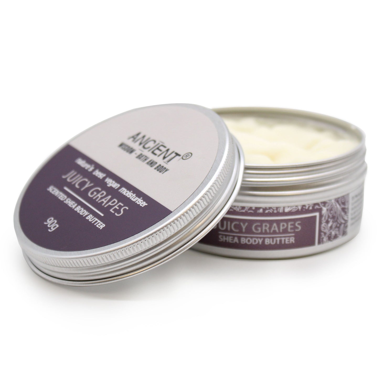 Scented Shea Body Butter by The Bliss Co in 90g jar with juicy grape fragrance, rich texture for nourishing skin.