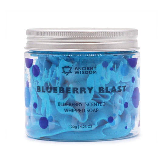 Blueberry whipped soap from The Bliss Co displayed in a 120g jar, showcasing its fluffy, creamy texture and vibrant blue color.