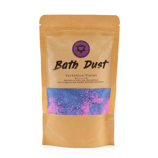Yorkshire Violet Bath Dust by The Bliss Co, 190g, with violet-scented bath dust in a clear jar, perfect for relaxing baths.