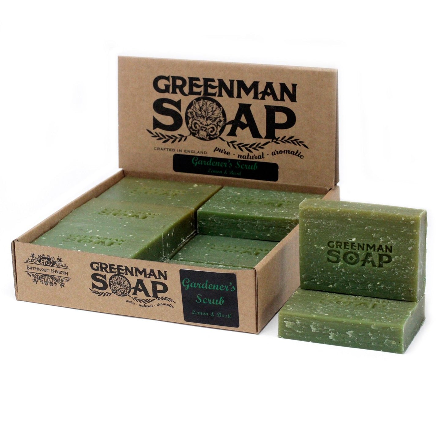 Greenman Soap Slice 100g by The Bliss Co, gardener's scrub handmade soap featuring natural green coloration and textured surface.