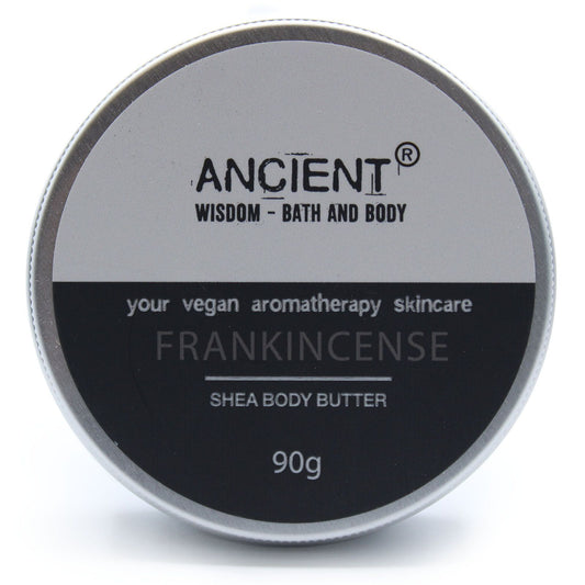 Aromatherapy Shea Body Butter by The Bliss Co in 90g jar, featuring a smooth, creamy texture and a rich frankincense scent.