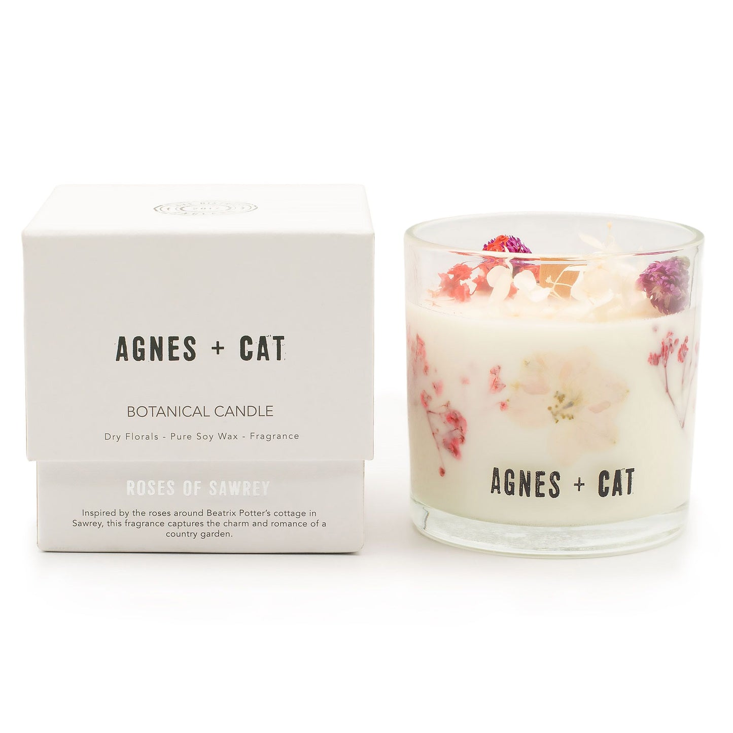 Agnes + Cat Botanical Soy Wax Candle with roses of Sawrey scent, natural soy wax, in a glass jar, from The Bliss Co.