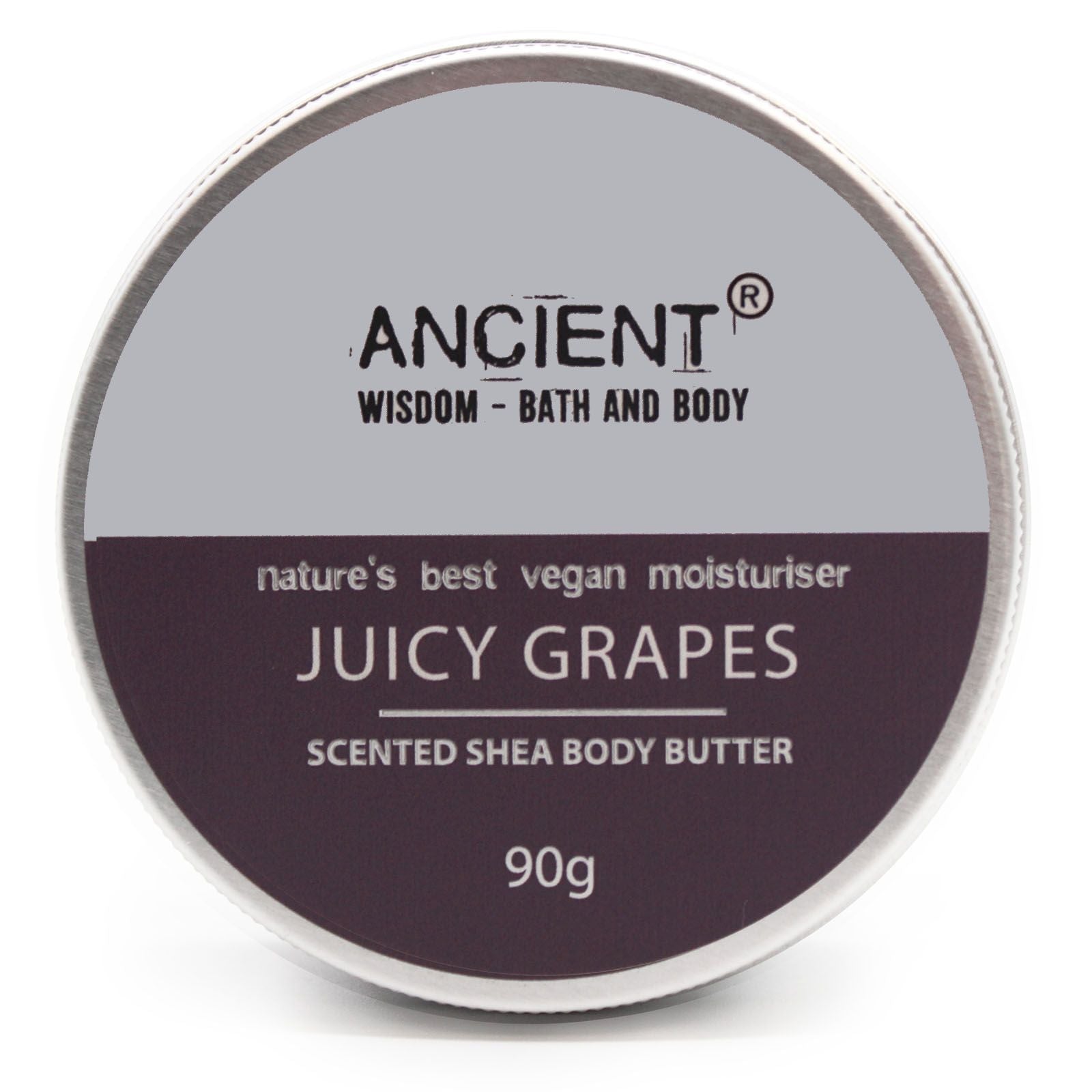 Scented Shea Body Butter by The Bliss Co with juicy grapes scent, 90g jar of nourishing moisturizer for skin.