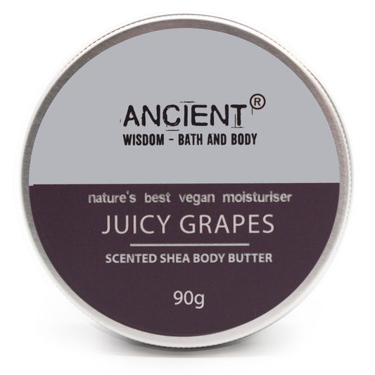 Scented Shea Body Butter by The Bliss Co with juicy grapes scent, 90g jar of nourishing moisturizer for skin.