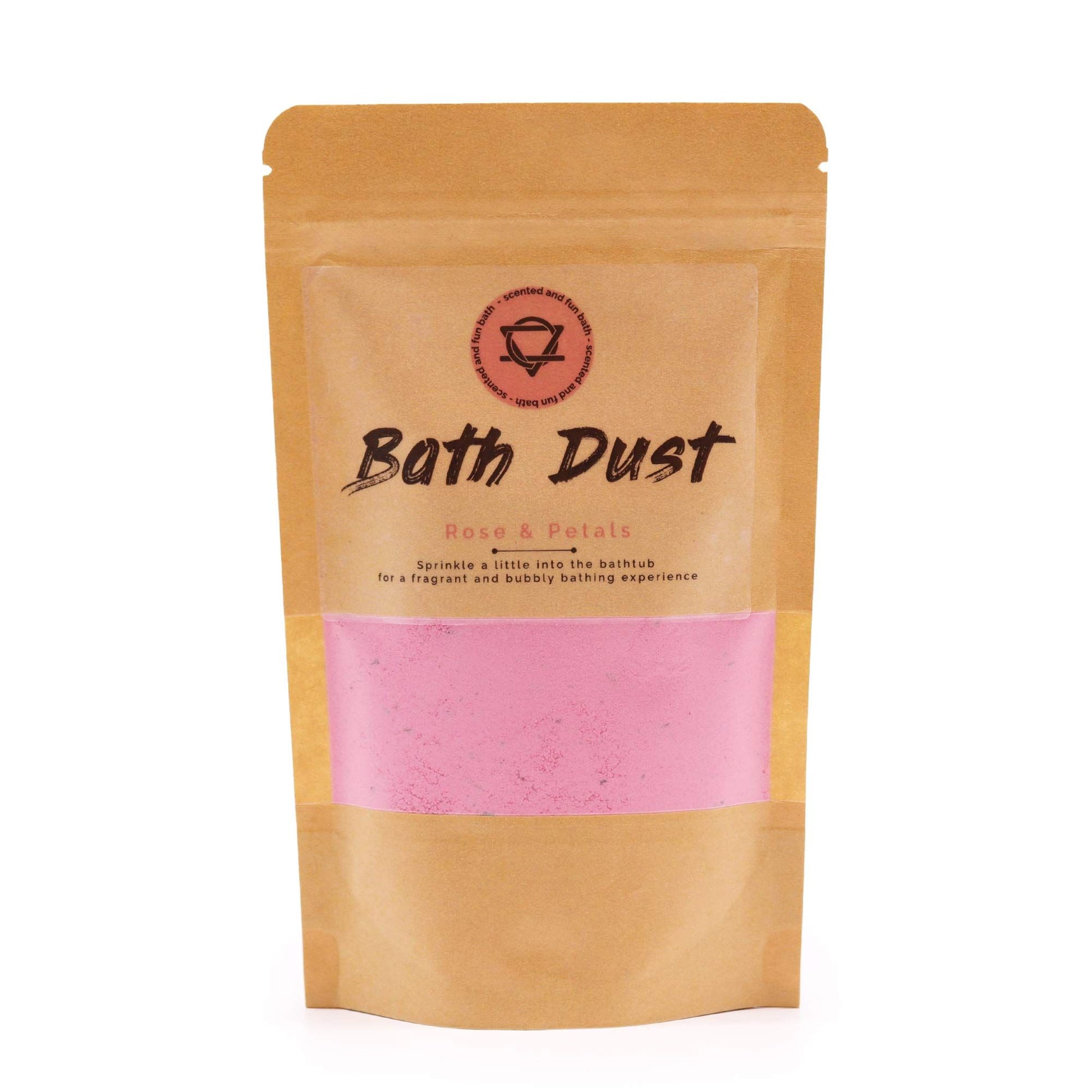 The Bliss Co Rose & Petals Bath Dust in 190g jar, showcasing dried rose petals and fragrant bath dust for a relaxing bath experience.