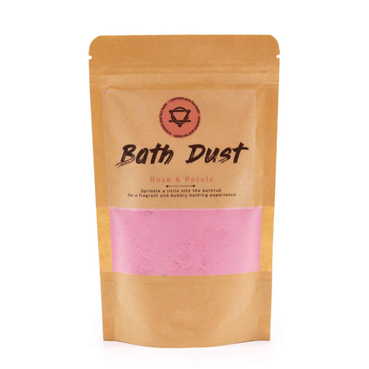 The Bliss Co Rose & Petals Bath Dust in 190g jar, showcasing dried rose petals and fragrant bath dust for a relaxing bath experience.